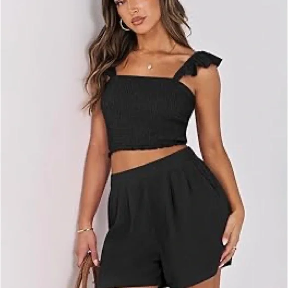 Anrabess Ladies Large Elegant Black Ruffle Strap Stretch Crop Top - Picture 10 of 10